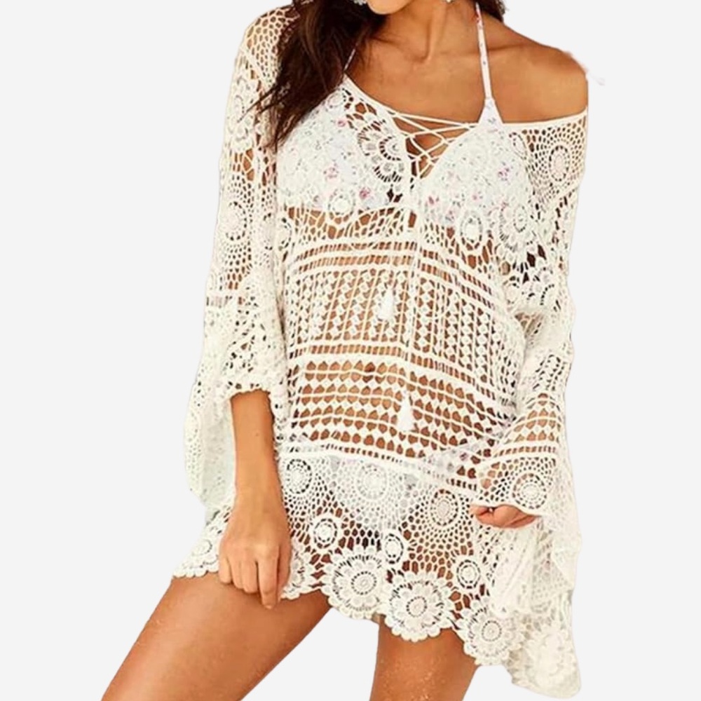 White Crochet Bikini Swimsuit Beach Cover Up Lace Top
